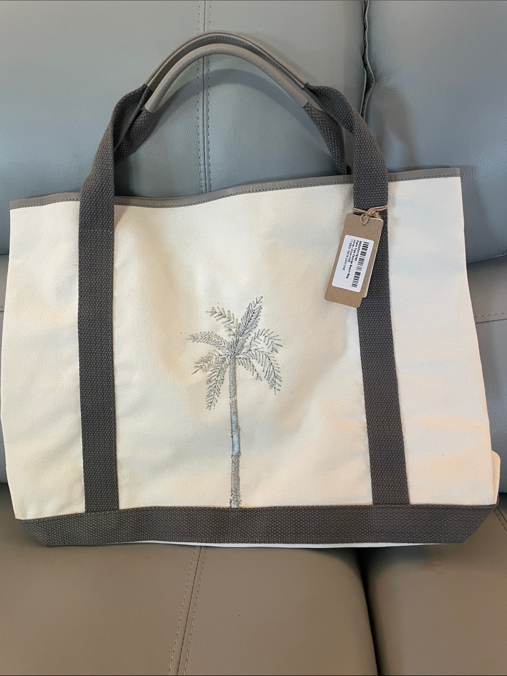 NWT Aspiga Palm Tree Canvas Embroidered  Beach Bag — Neutral/Cool Gray/Silver